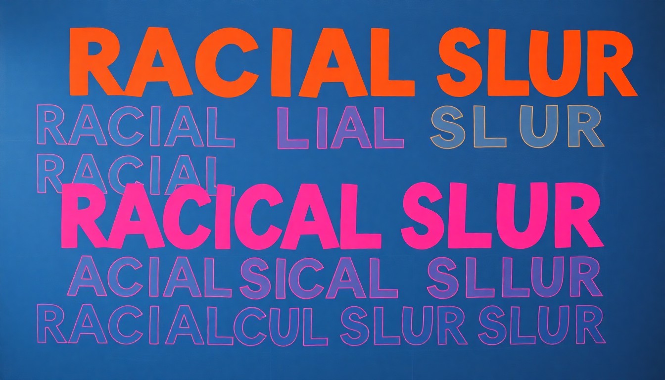 A bold, colorful silkscreen-style illustration featuring the words 'RACIAL SLUR' repeated in a grid pattern, conceptually representing the controversy over a teacher's use of discriminatory language in the classroom.