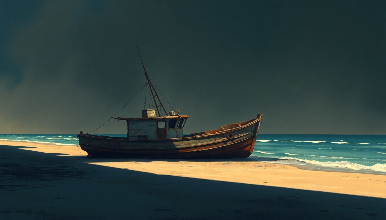 A serene, cinematic painting of an old, weathered fishing boat on the shore of the Bay of Pigs, with the warm, golden light of the sun casting long shadows across the scene, capturing the quiet resilience of the Cuban people in the face of adversity.