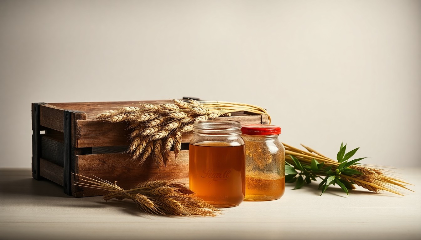 A high-end, photorealistic studio still-life photograph featuring a carefully arranged composition of premium agricultural objects like a weathered wooden crate, a bundle of freshly harvested wheat, and a glass jar filled with golden honey, set against a clean, monochromatic background that uses dramatic lighting and deep shadows to represent the timeless, grounded values of the local farming community.
