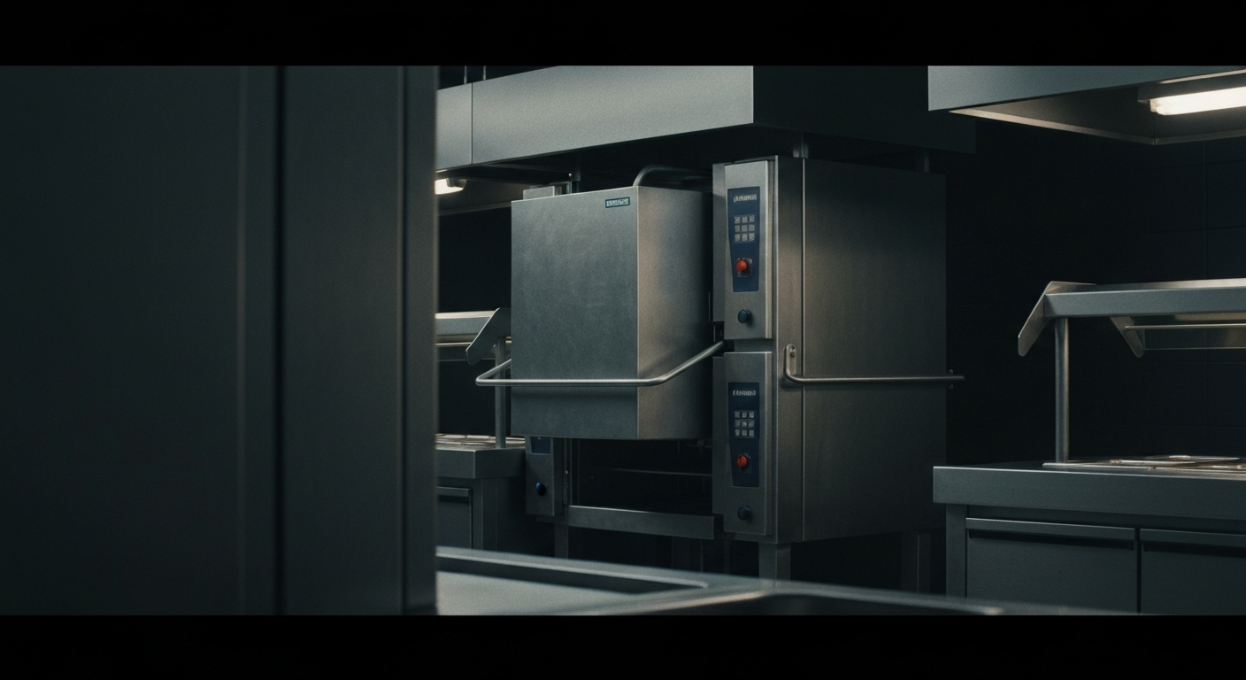An extreme close-up of industrial food service equipment, such as stainless steel ovens and dishwashers, conveying the heavy, physical nature of Aramark's operations and the company's focus on operational efficiency.