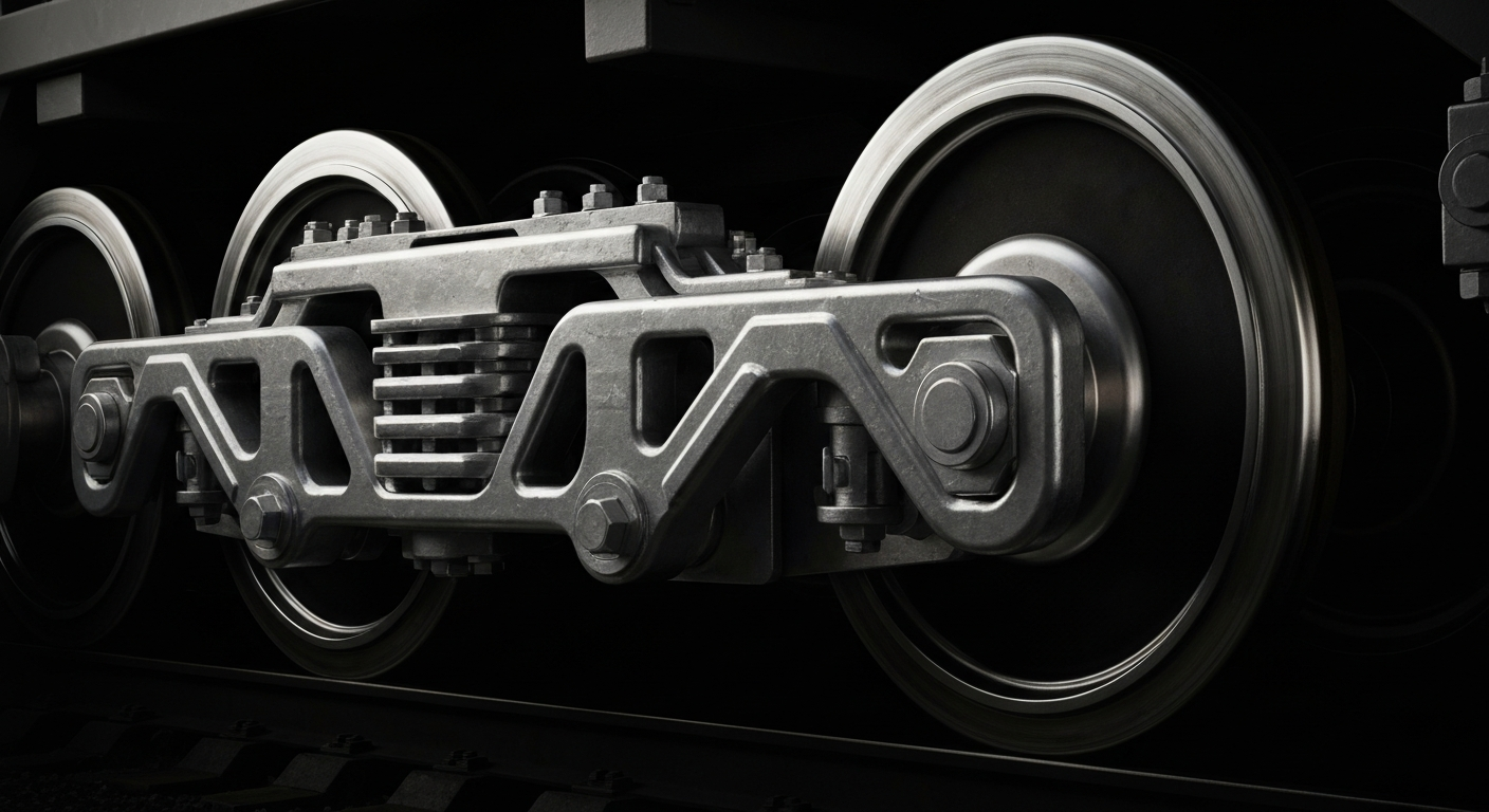 An extreme close-up of the heavy, textured metal components of a railcar, including wheels and couplers, conveying the industrial power and precision of GATX's equipment leasing operations.