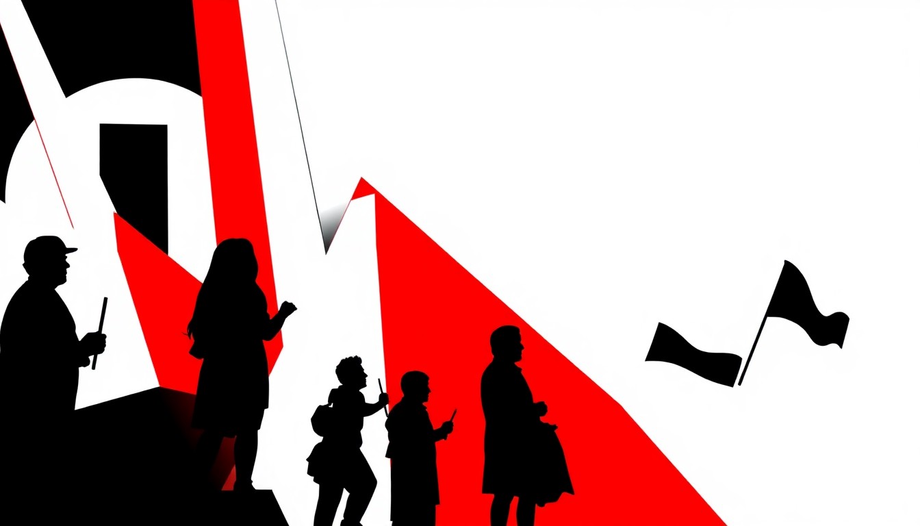 A bold, abstract illustration featuring stark black silhouettes of colonial-era architecture and geometric shapes in red, white, and blue, conceptually representing the 'Today' show's 250th anniversary celebration in Williamsburg, Virginia.