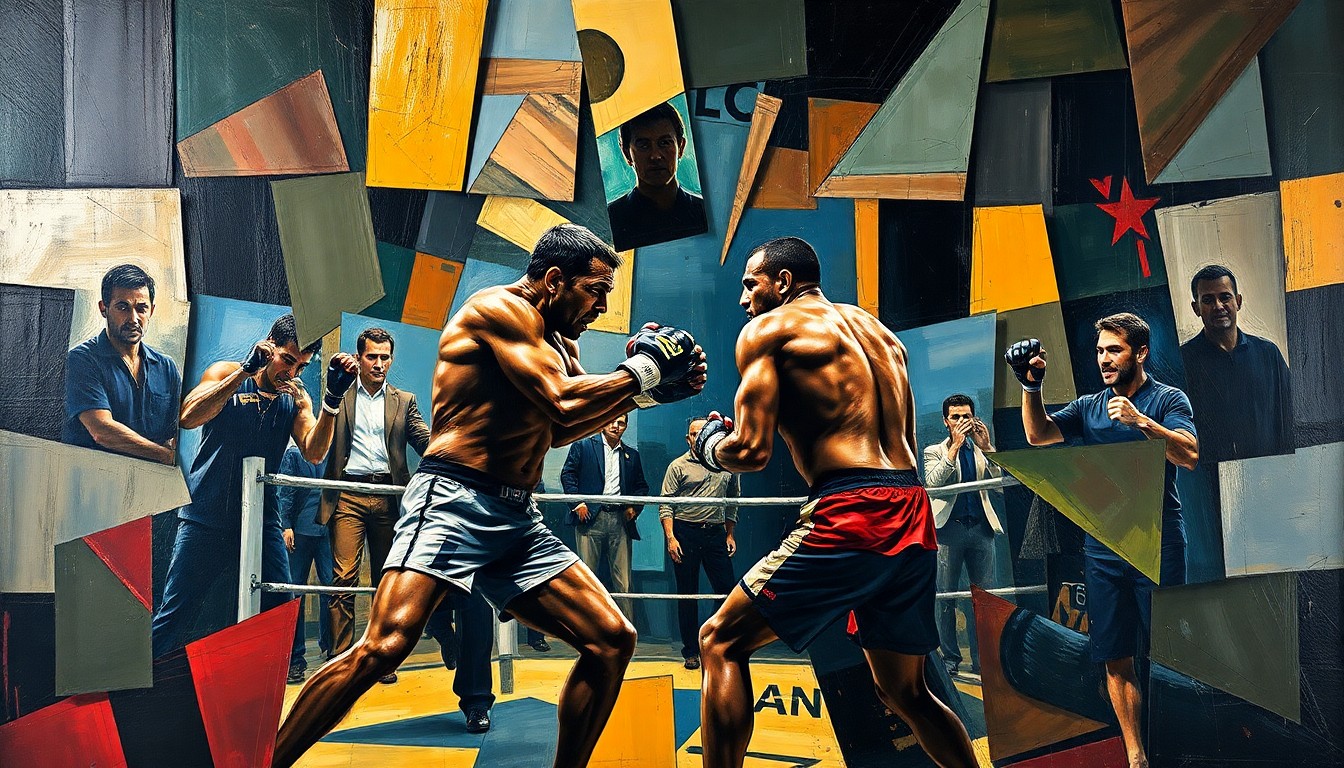 A cubist, geometric painting depicting an abstract MMA fight scene, with overlapping planes of color and form capturing the raw energy and movement of the sport.