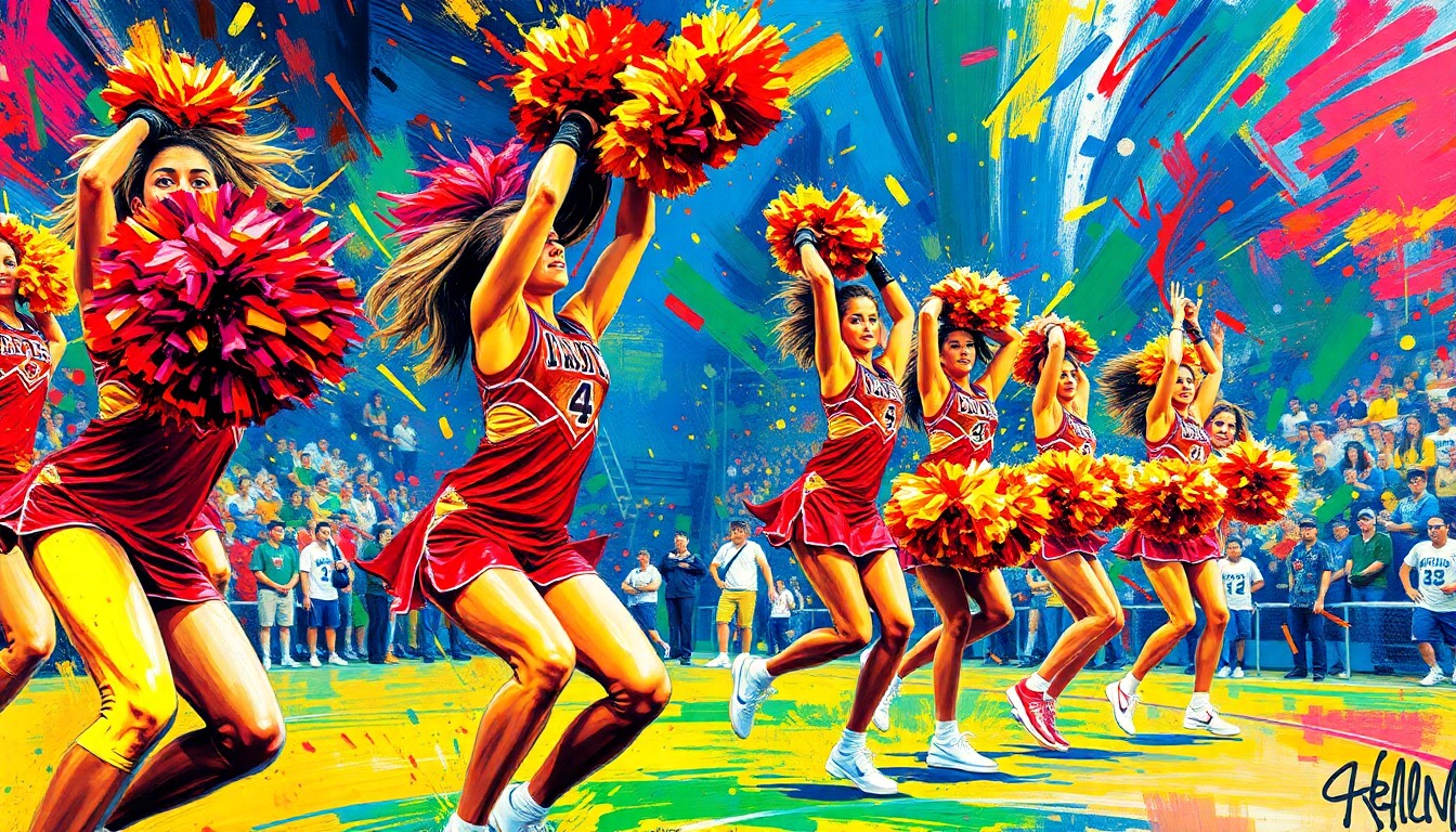 An abstract, energetic painting featuring bold brushstrokes in neon colors, capturing the dynamic movements and raw athleticism of a collegiate cheerleading competition.