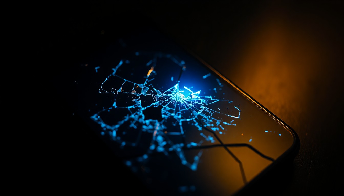 An extreme close-up of a shattered smartphone screen reflecting a faint blue light, conceptually representing the destruction of digital evidence in a child pornography investigation.