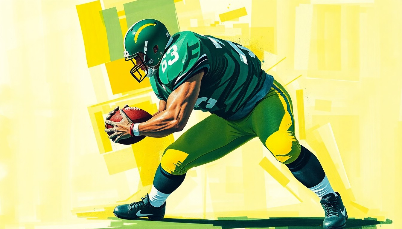 A fragmented, geometric painting depicting an offensive lineman's blocking motion, with sharp planes of color and overlapping perspectives conveying the intensity and speed of the college game.