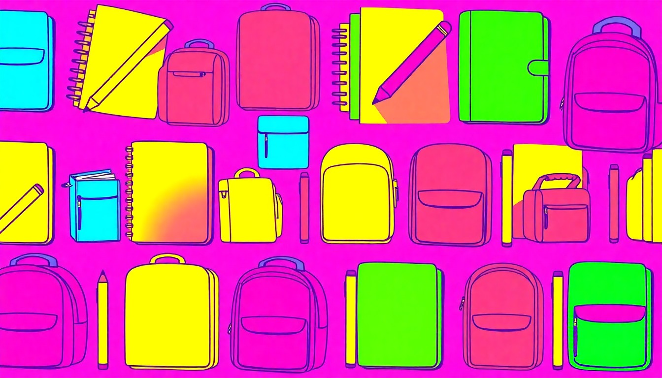 A brightly colored, high-contrast silkscreen print of a single, iconic school supply item such as a pencil, notebook, or backpack repeated in a tight grid pattern, capturing the intersection of education and civic activism.
