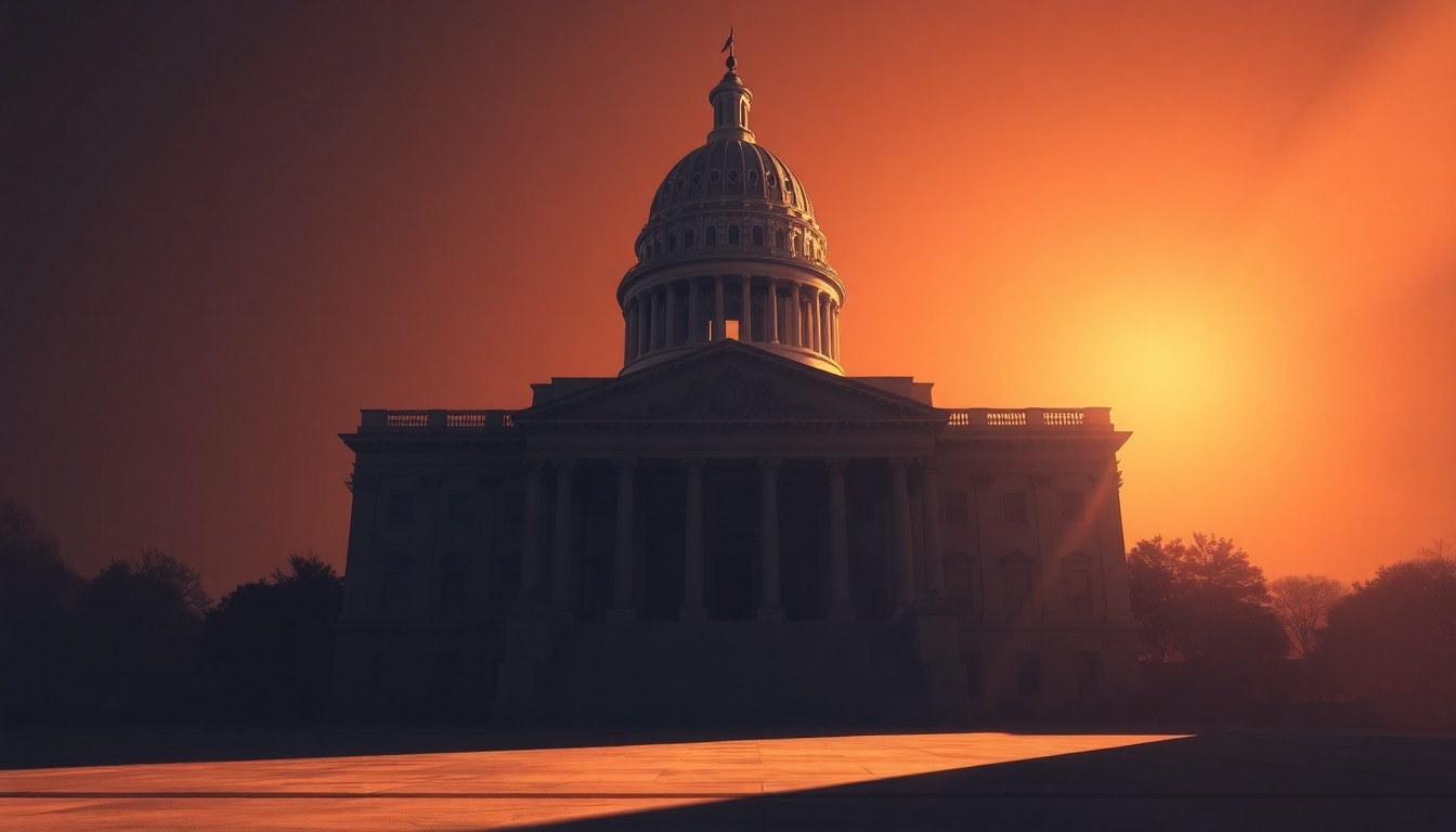 A serene, cinematic painting of a state capitol building in warm, golden light, its grand architecture and empty steps conveying a sense of political transition and uncertainty.