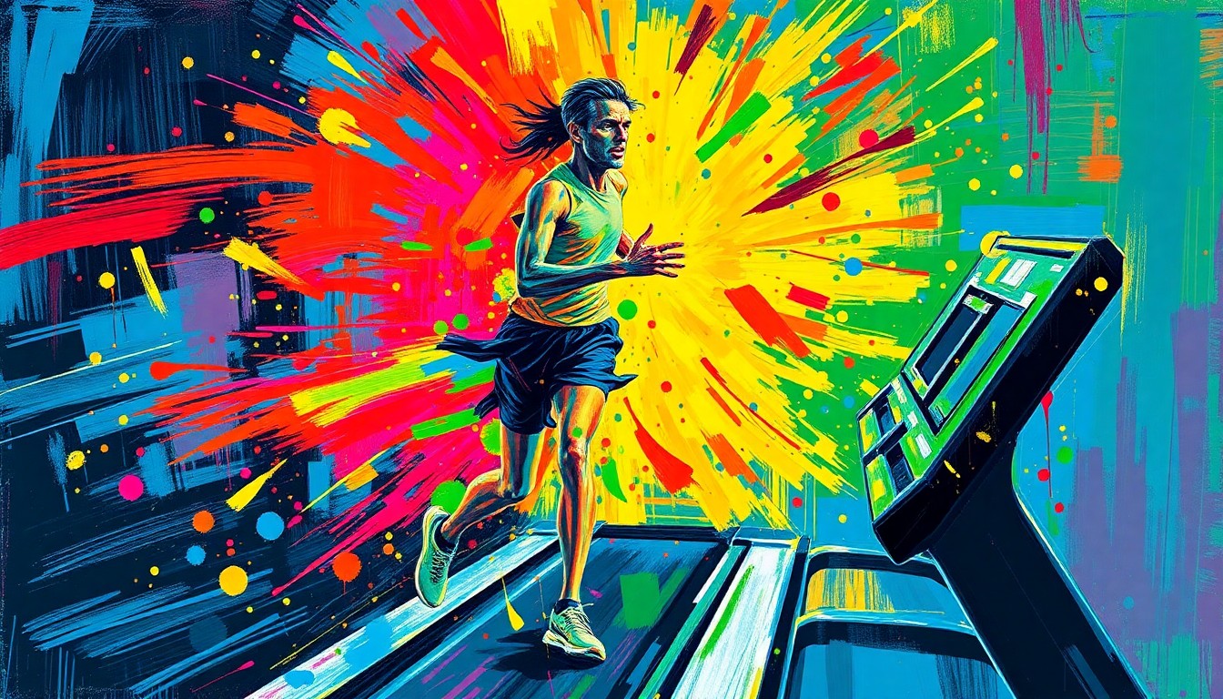 An extreme close-up of a runner's legs and torso in motion on a treadmill, rendered in a vibrant, expressionist style with rapid brushstrokes and neon colors that capture the raw energy and power of the athlete's movements.