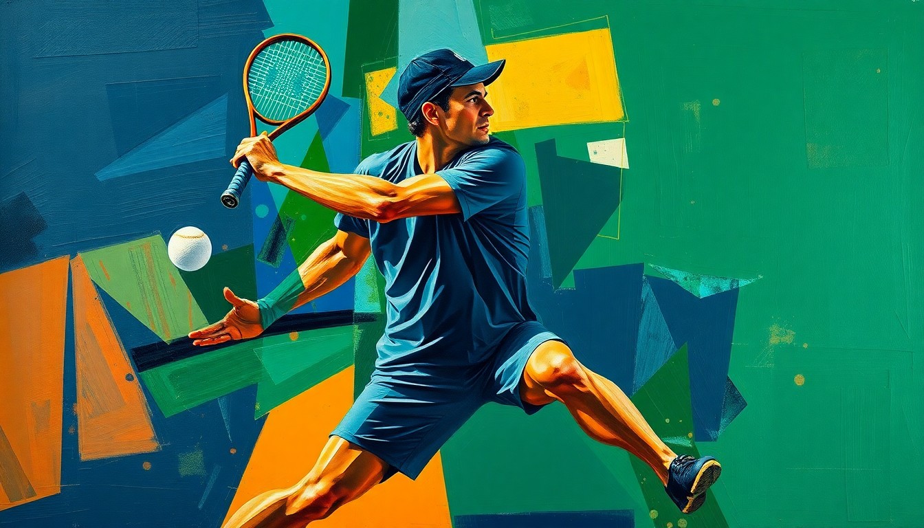 A fractured, cubist-style painting depicting the geometric forms and overlapping planes of a tennis player's motion, rendered in a palette of navy, green, and orange to capture the sport's dynamic energy.
