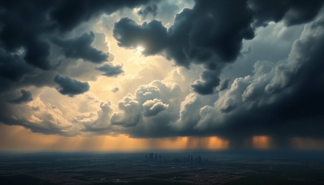 A dramatic, atmospheric landscape painting depicting a vast, turbulent storm system looming over the city of Milwaukee, with the urban structures dwarfed by the sweeping, cloud-filled sky and heavy rain.