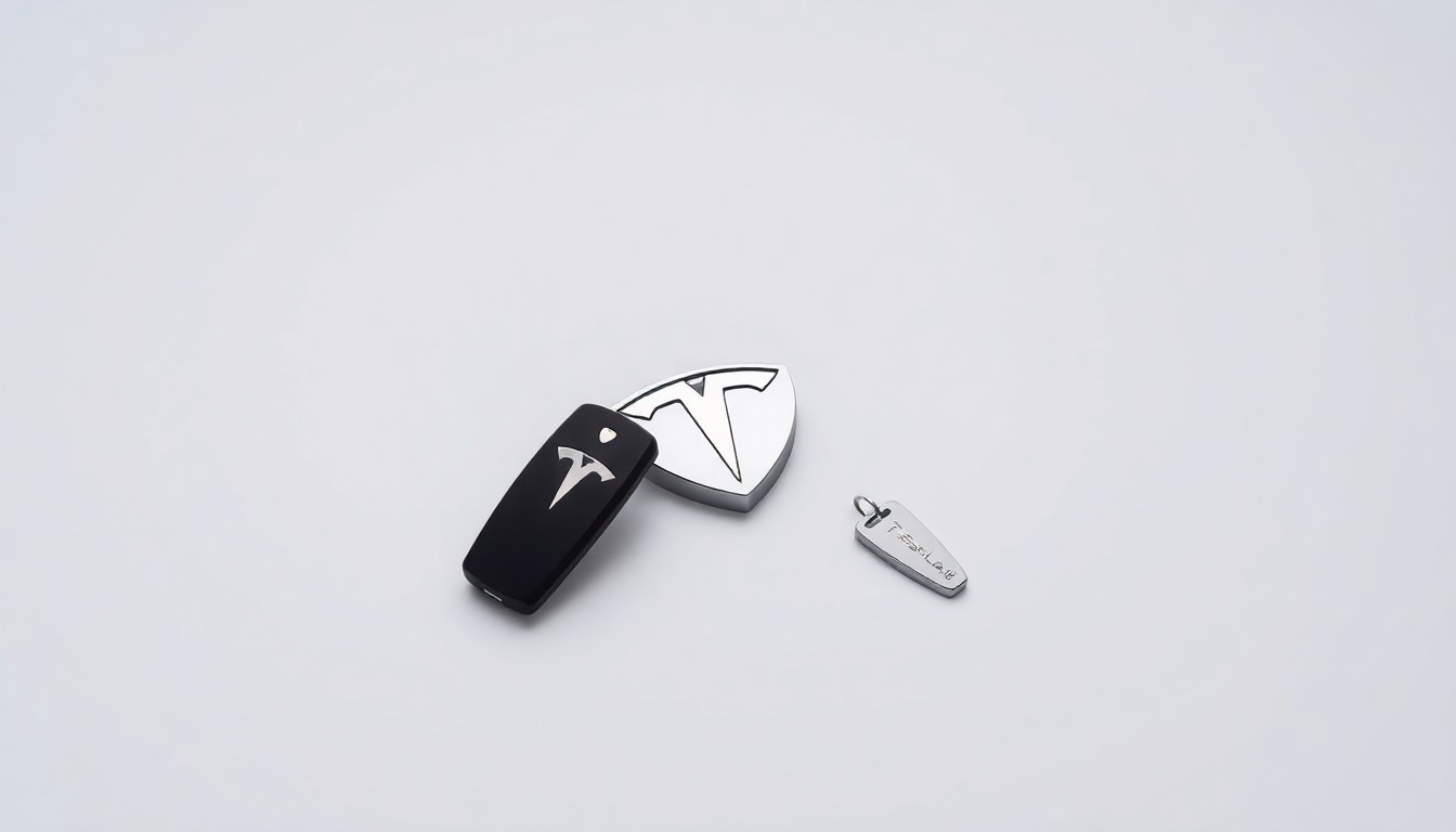 A minimalist, high-contrast studio photograph featuring a sleek, metallic Tesla logo and a single car key floating on a clean, monochromatic background, symbolizing the company's autonomous driving technology and its potential impact on the future of transportation.