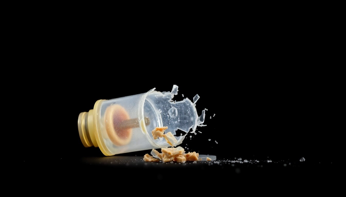 An extreme close-up photograph of a shattered plastic projectile casing against a pitch-black background, capturing the harsh, gritty aesthetic of the Weegee style to conceptually illustrate the dangers of police use of force during civilian gatherings.