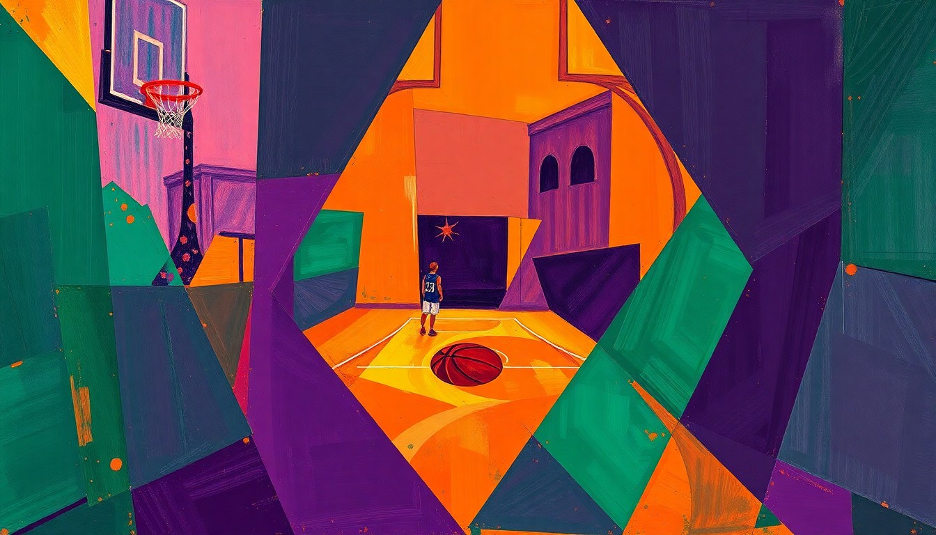 A cubist, geometric painting depicting a fragmented basketball game, with sharp planes of color and overlapping shapes representing the complex dynamics of the Lakers' roster decisions.