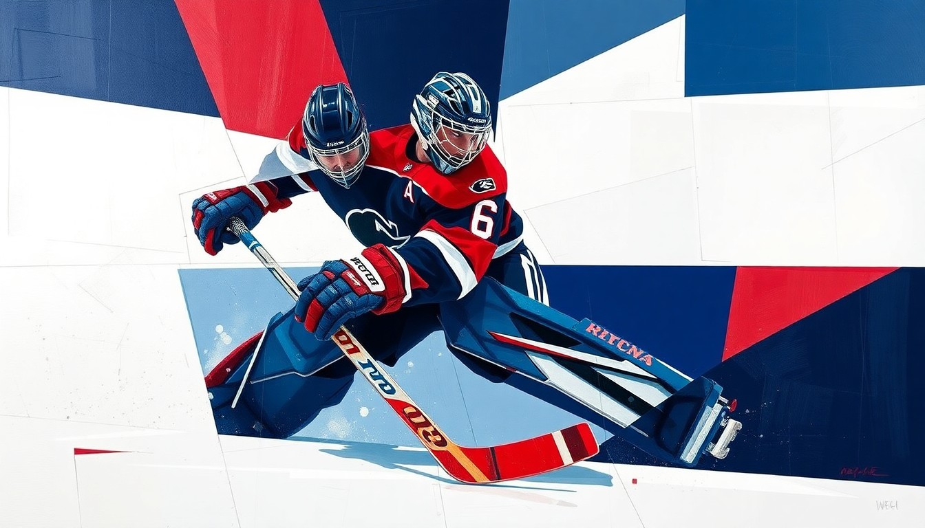A fractured, geometric painting depicting a hockey goaltender making a save, with sharp planes of navy blue, crimson red, and white representing the intense action and emotion of the playoffs.