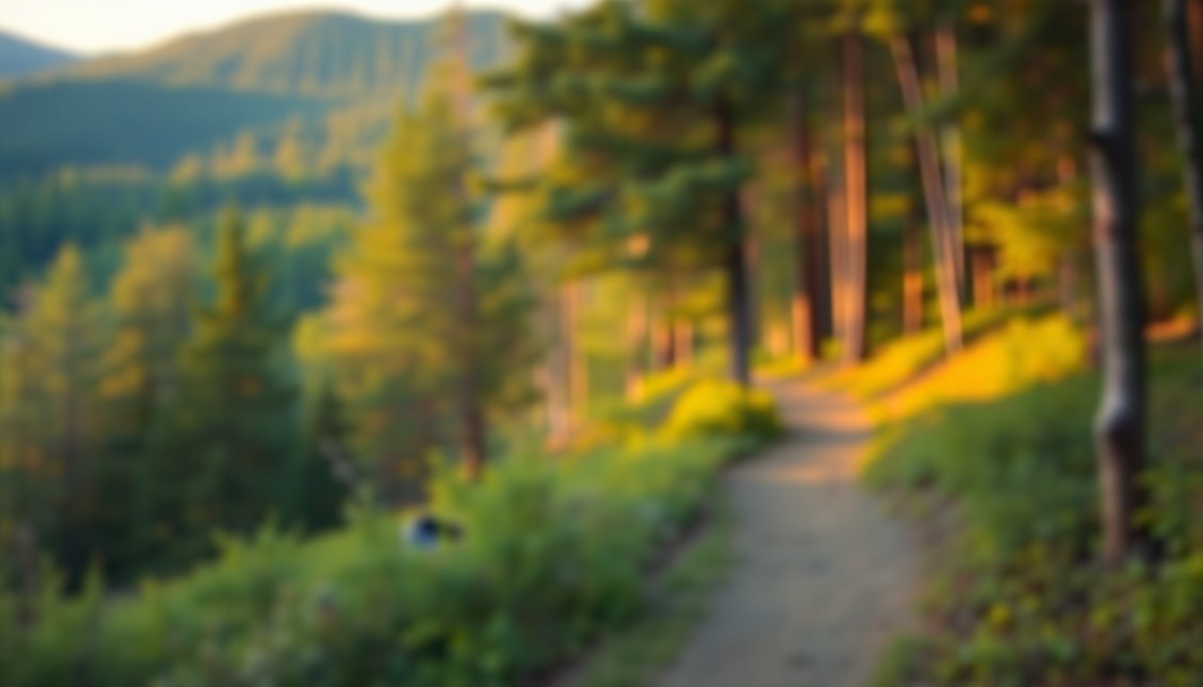 An abstracted, soft-focus photograph depicting an accessible hiking trail through a verdant forest, conveying the peaceful, natural atmosphere of the Adirondacks.