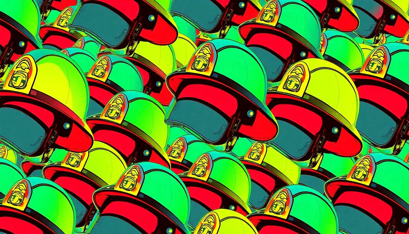 A high-contrast, silkscreen-style illustration featuring a firefighter's helmet repeated in a grid pattern, rendered in bright, neon-like colors with heavy black outlines, creating a modern pop art effect that captures the spirit of volunteer firefighting.