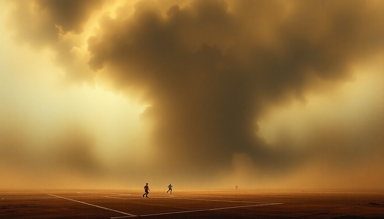 A vast, atmospheric landscape painting in muted tones of gray, brown, and blue, depicting a massive, swirling vortex of dust and wind dominating the scene and dwarfing a small soccer field in the distance, conveying the overwhelming power of the natural disaster.