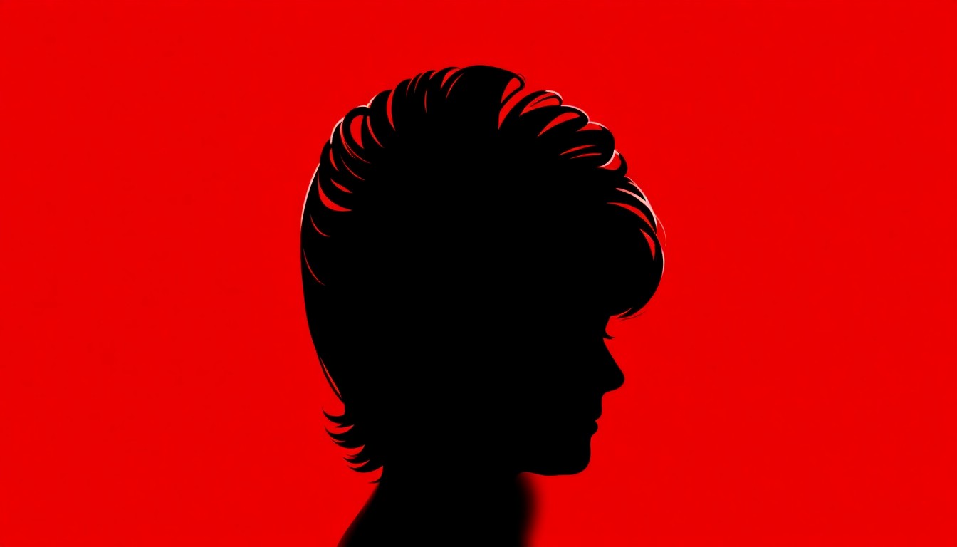 A dramatic black silhouette of Reba McEntire's signature beehive hairstyle against a bright red background, conveying the iconic country singer's enduring musical legacy.
