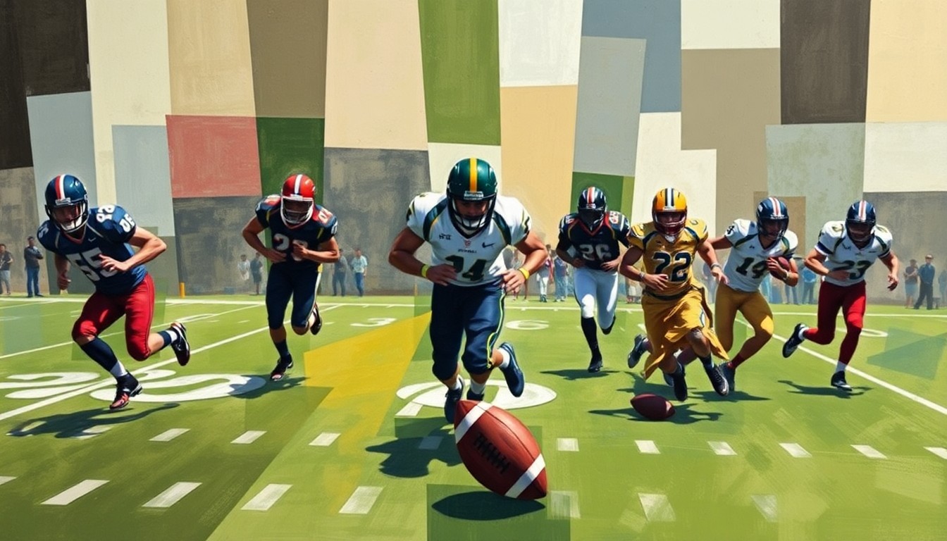 A fragmented, geometric painting depicting the dynamic movement and competitive spirit of a 7-on-7 football match.