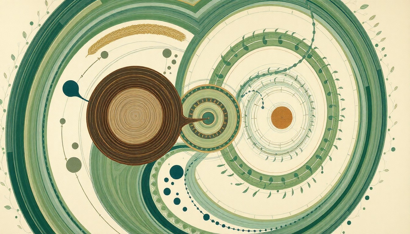A bold, abstract painting in soft greens, browns, and blues featuring sweeping geometric arcs, concentric circular patterns, and precise botanical spirals, conceptually representing the complex natural forces and ecological processes involved in the successful wetland restoration project.