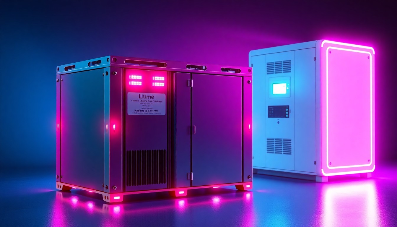 A highly detailed, glowing 3D illustration of a modular lithium battery pack and power inverter system, illuminated by neon cyan and magenta lights, representing the advanced technology and connectivity of LiTime's security energy solutions.