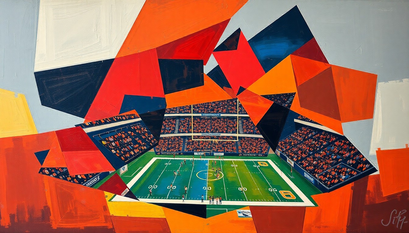 A cubist-style painting featuring overlapping geometric shapes and planes in shades of red, orange, and blue, conceptually representing the dynamic action and energy of a college football game.