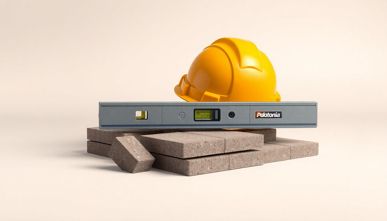 A high-end, photorealistic studio still-life photograph featuring a collection of premium construction materials and tools, such as polished pavers, a hardhat, and a level, arranged elegantly on a clean, monochromatic seamless background, conceptually representing Alliance Pavers' dedication to quality craftsmanship and community support.