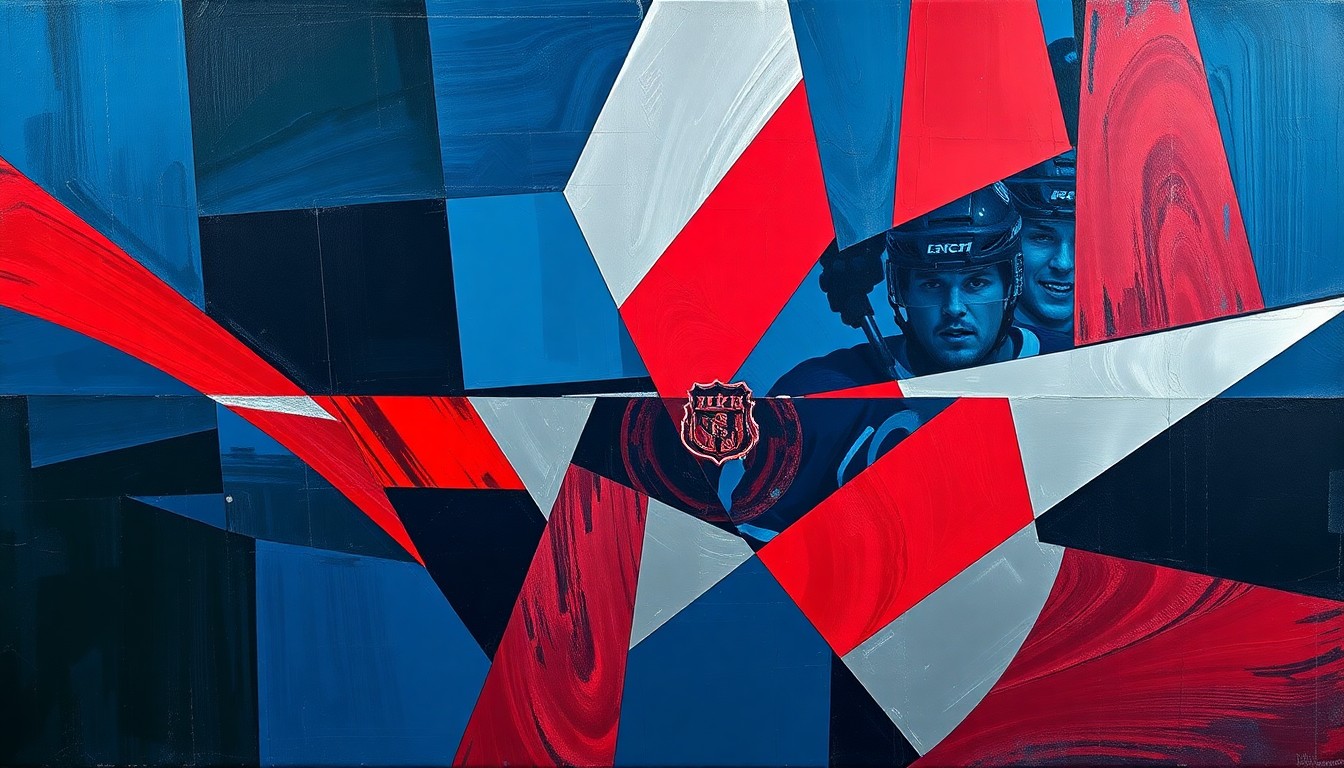 A cubist, geometric painting depicting a hockey game or match, with sharp, overlapping planes of navy blue, crimson red, and metallic silver conveying the dynamic energy and movement of the sport.