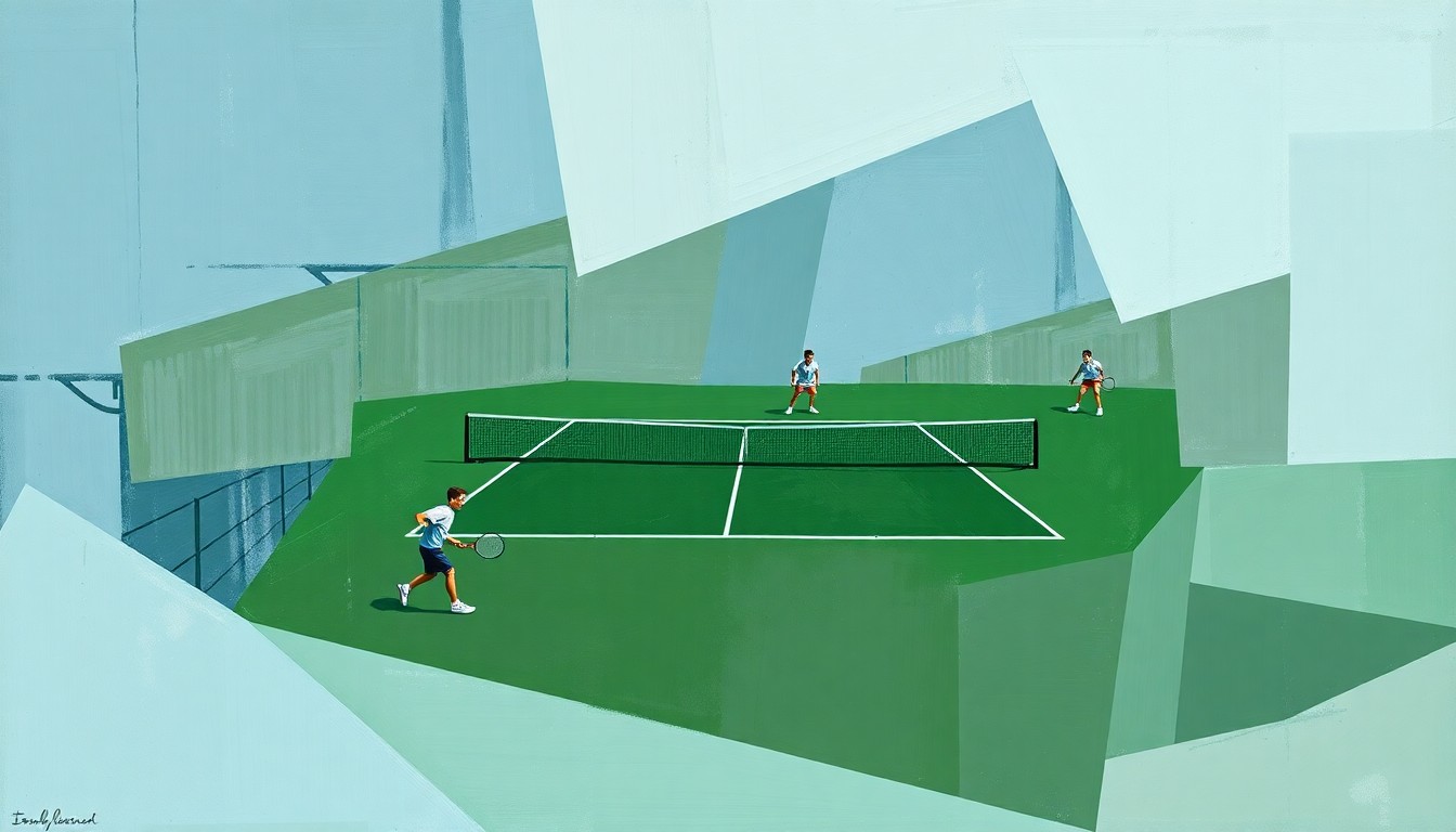 A cubist, geometric painting depicting a high school tennis match, with overlapping planes of muted blue, green, and gray hues representing the players, court, and challenging weather conditions.