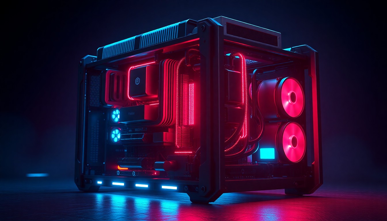 A highly detailed, glowing 3D illustration of a rugged, military-grade computing device with illuminated circuit boards, cooling fins, and other high-tech hardware components, conceptually representing the advanced computing power behind emerging defense and aerospace technologies.