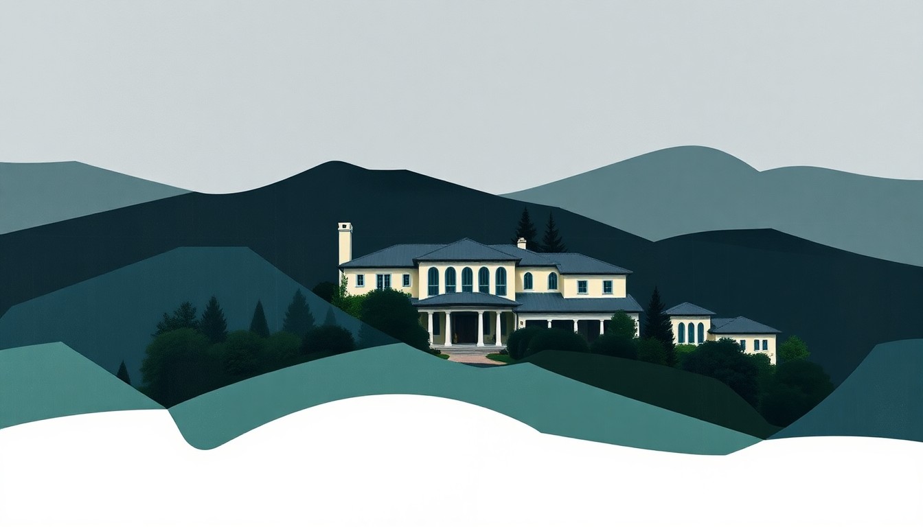 A fractured, abstract painting in shades of blue, green, and grey, depicting an overlapping, geometric representation of a large, luxurious estate, conveying the elusive and fragmented nature of Hunter Biden's reported financial situation.