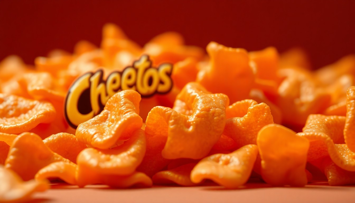 An extreme macro photograph of crumpled, shiny Cheetos snack chips in a vibrant orange color, lit dramatically to create a high-fashion, luxury aesthetic.