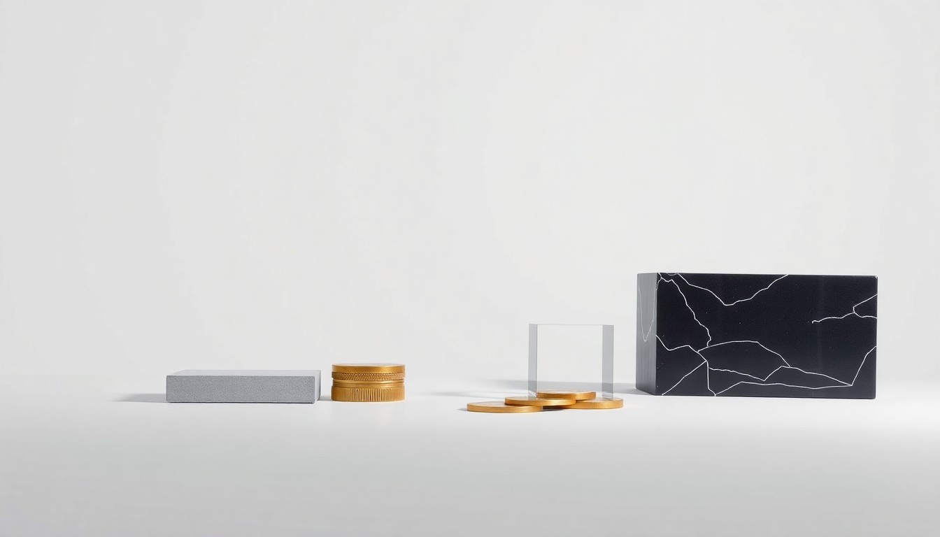 A minimalist, photorealistic studio still life featuring a few simple, premium objects arranged elegantly on a clean, monochromatic background, conceptually representing the abstract financial performance and corporate strategy of United Natural Foods.