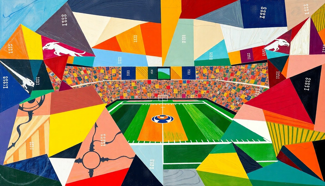 A fragmented, geometric painting depicting the action and energy of a UFL football game, with sharp planes of color representing the competing teams.