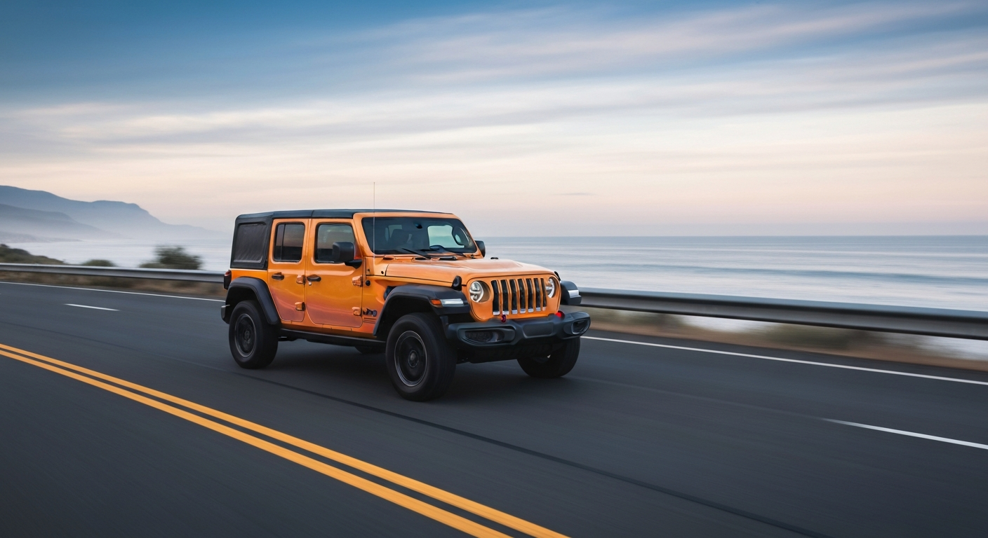 An abstract, blurred image of a Jeep Wrangler in motion, with streaks of bright orange, yellow, and blue paint representing the vehicle's speed and energy.