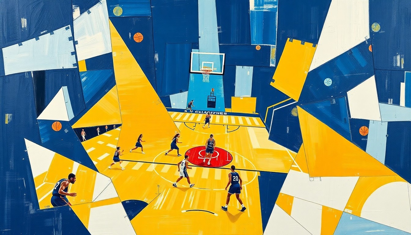 A cubist, geometric painting depicting the fragmented action of a women's basketball game, with sharp planes of navy blue, gold, and white overlapping to create a dynamic, abstract composition.