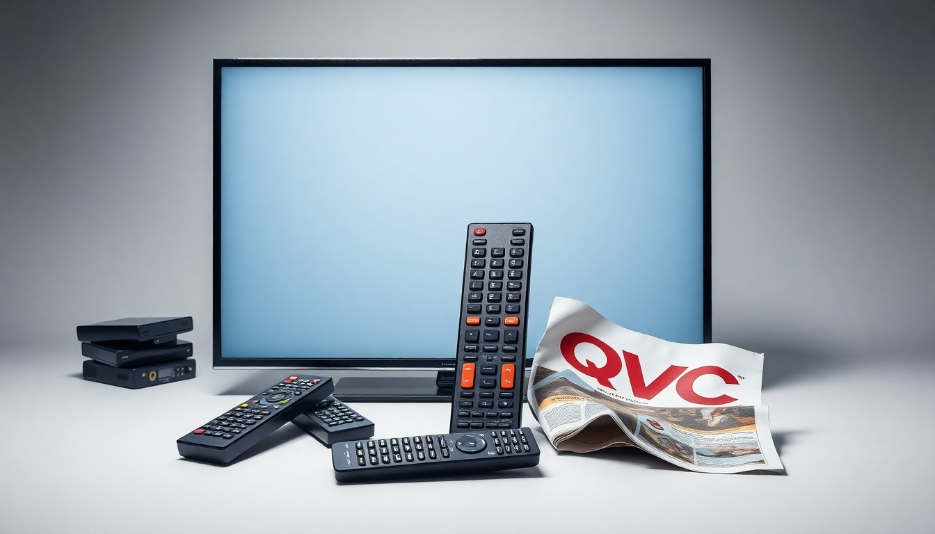 A photorealistic studio still-life featuring a stack of remote controls, a broken TV screen, and a crumpled QVC catalog, symbolizing the decline of the traditional TV shopping industry.