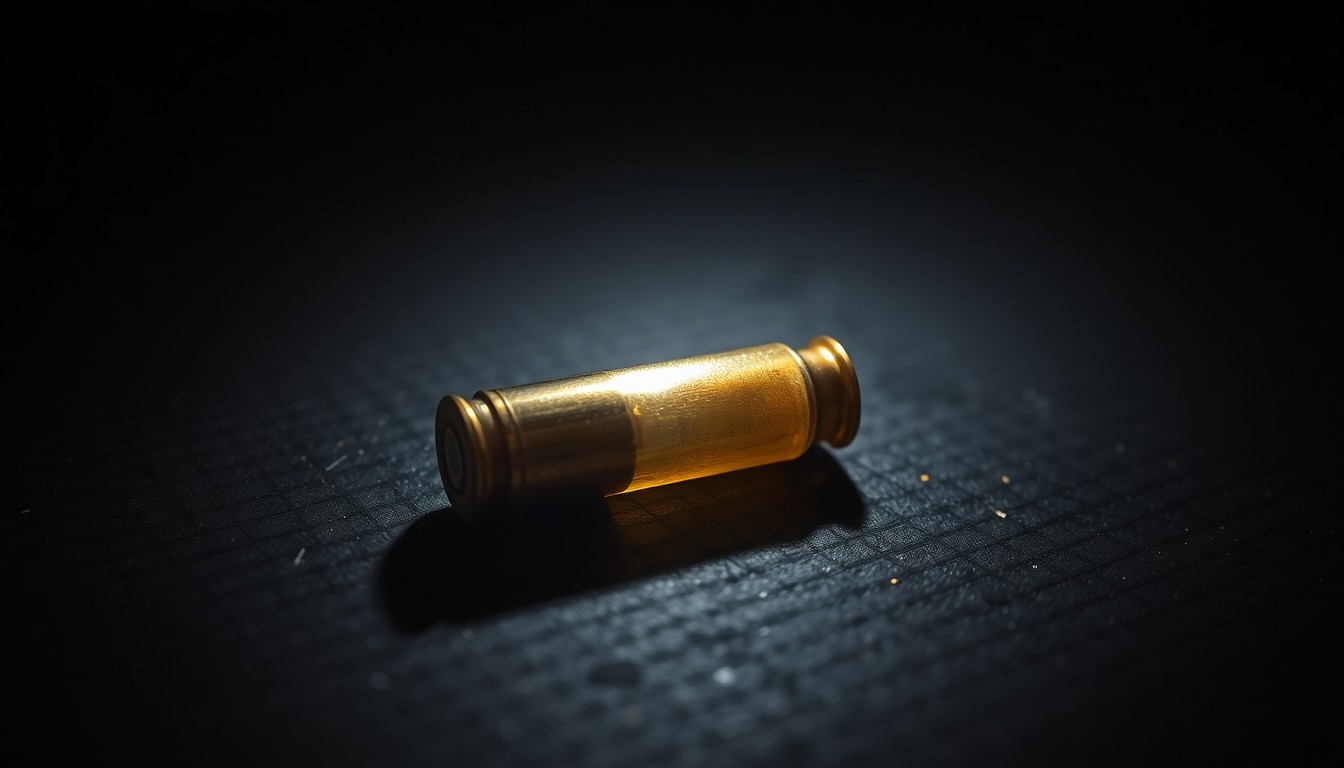 An extreme close-up photograph of a metallic bullet casing on a dark, gritty surface, dramatically lit by a harsh camera flash to create a stark, investigative aesthetic.