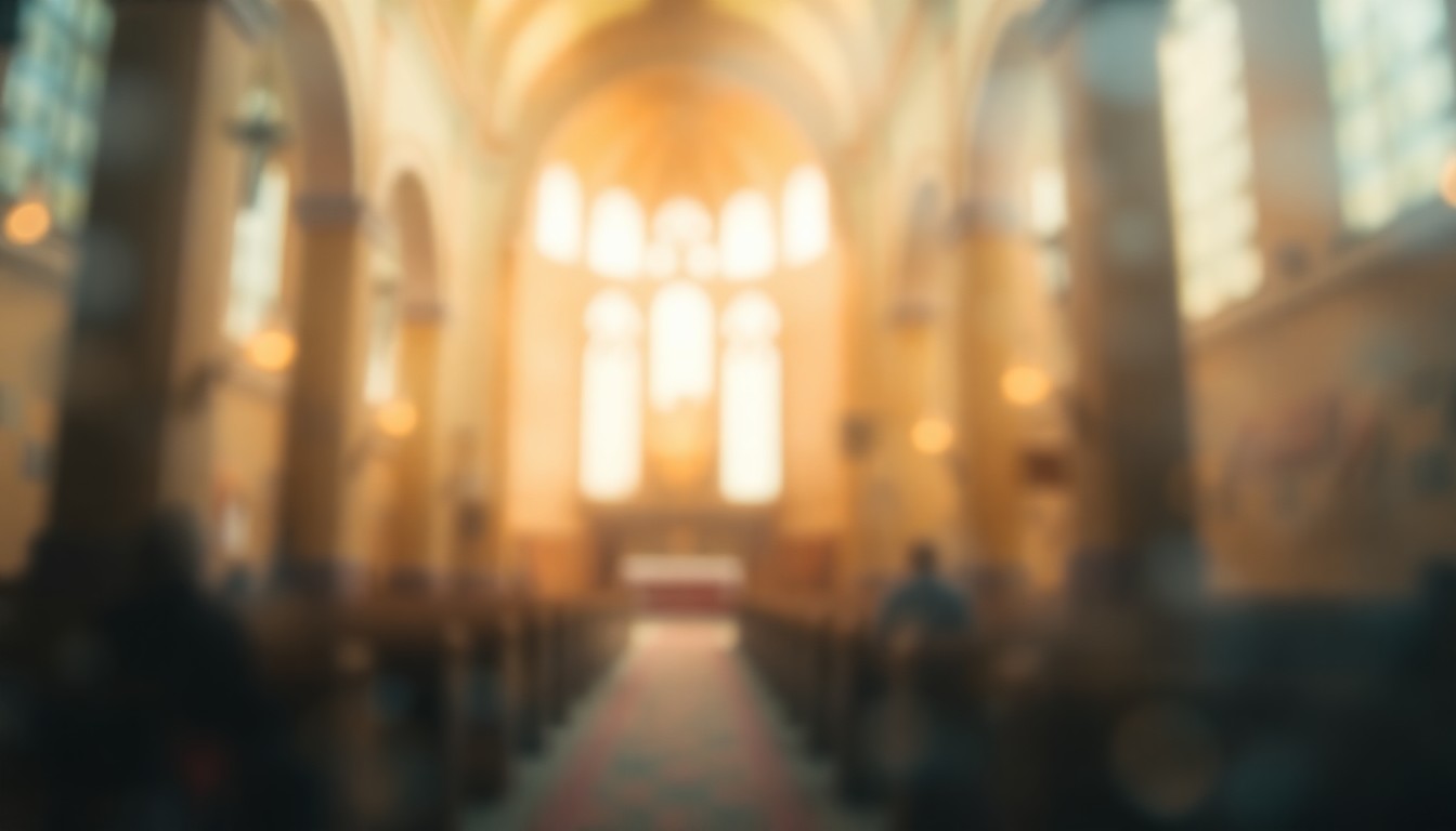 An abstract, impressionistic scene of a dimly lit Catholic church interior, with soft, hazy pools of warm light and color, conveying a sense of reverence and nostalgia.