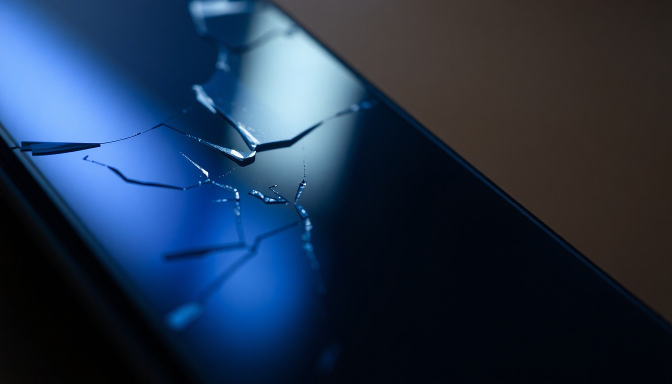 An extreme close-up of a shattered smartphone screen reflecting a faint blue light, conceptually representing the role of digital technology in the 2025 Florida State University shooting.