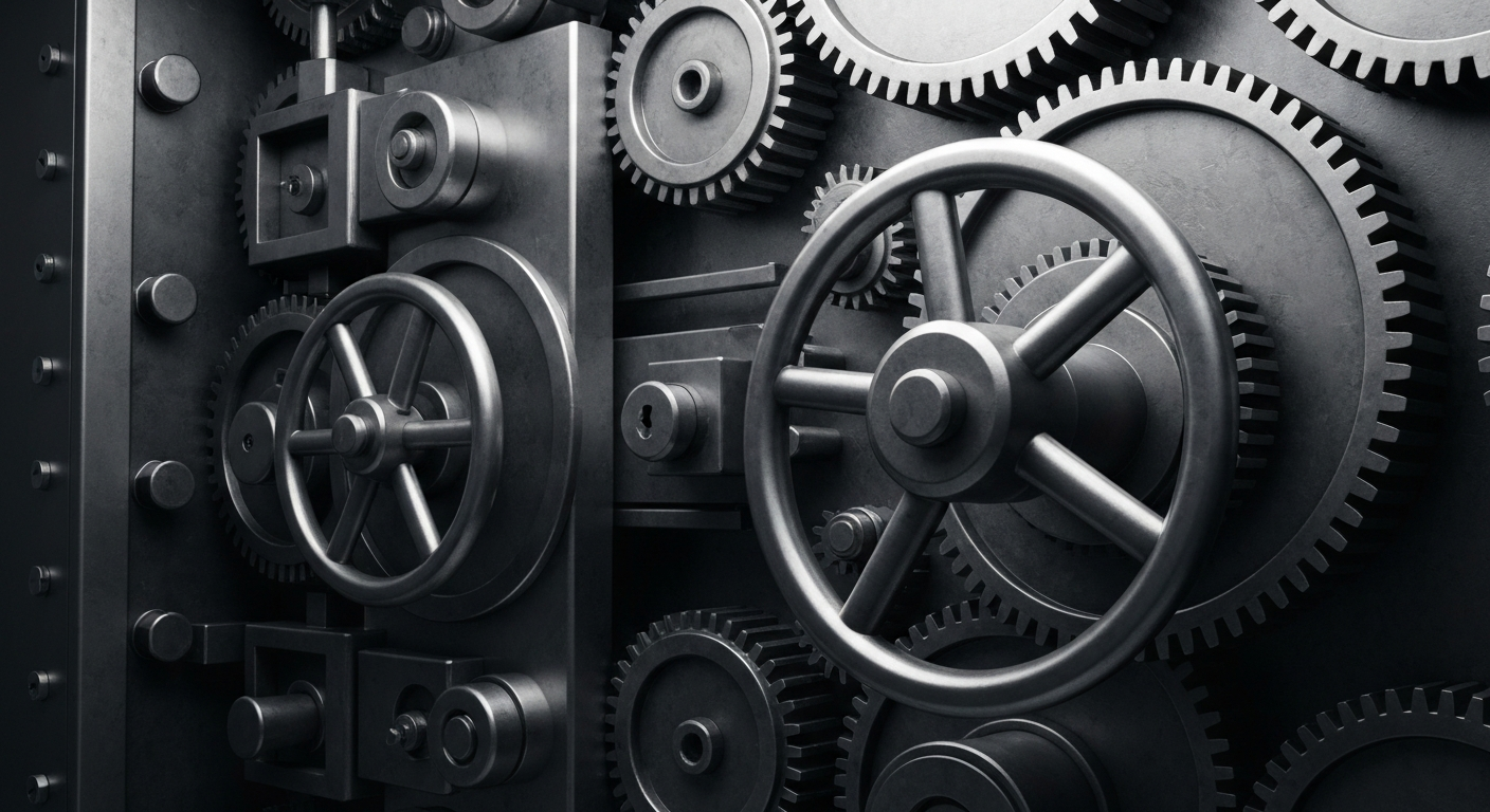 A highly detailed, cinematic close-up view of the heavy, industrial mechanisms and gears that make up the inner workings of a bank vault, conveying a sense of financial security and institutional power without using any literal currency or banking symbols.
