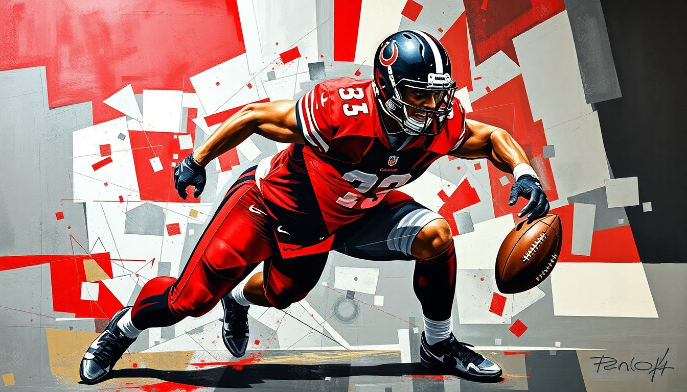 A fragmented, geometric painting depicting an abstract football player in motion, with sharp planes of red, silver, and black conveying the dynamic energy of the sport.