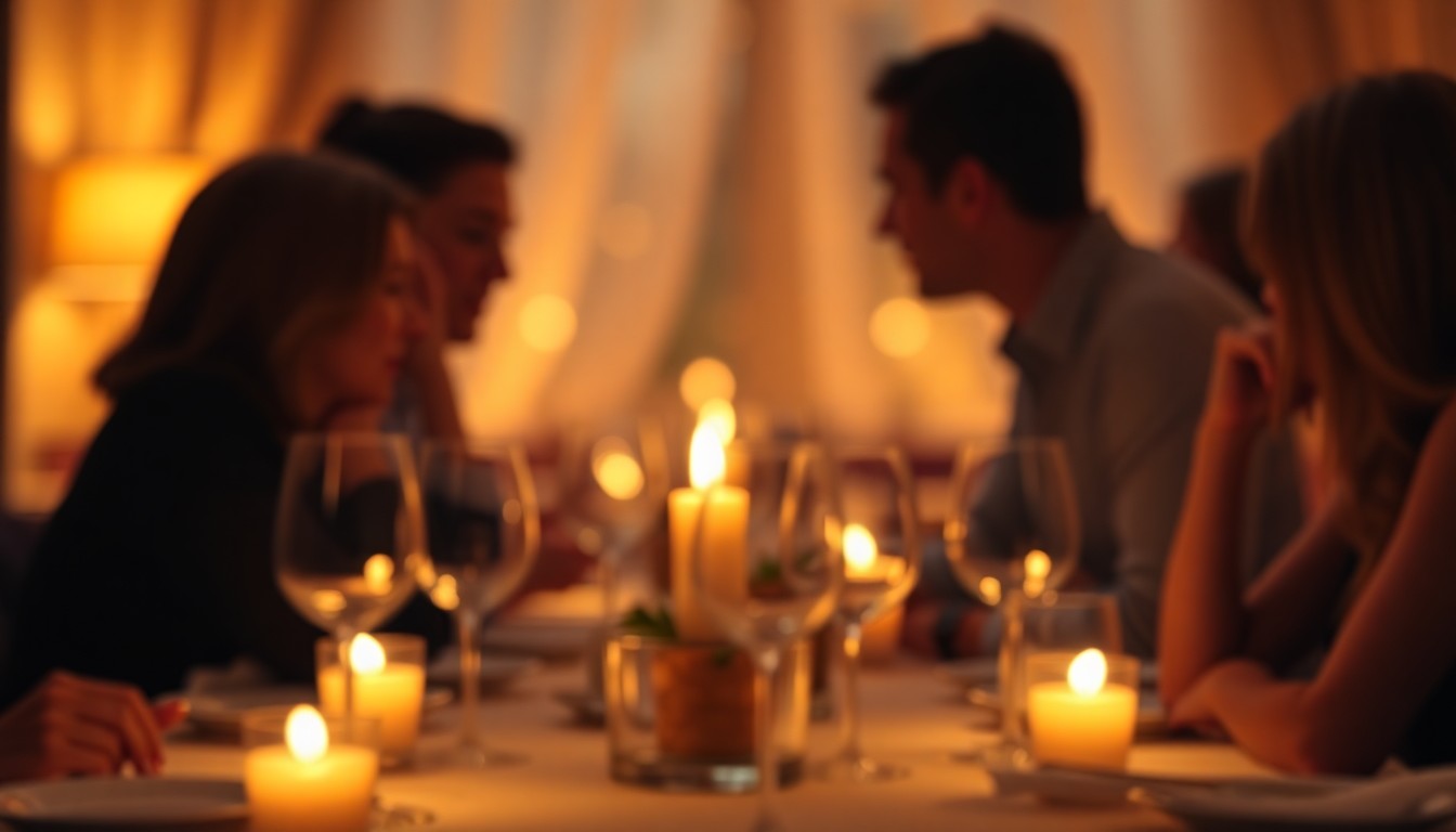 An extremely abstracted, out-of-focus photograph in soft pools of warm light and color, depicting the blurred silhouettes of people dining at a table with candles and wine glasses, conveying the intimate and reflective mood of the funeral home's informative event.
