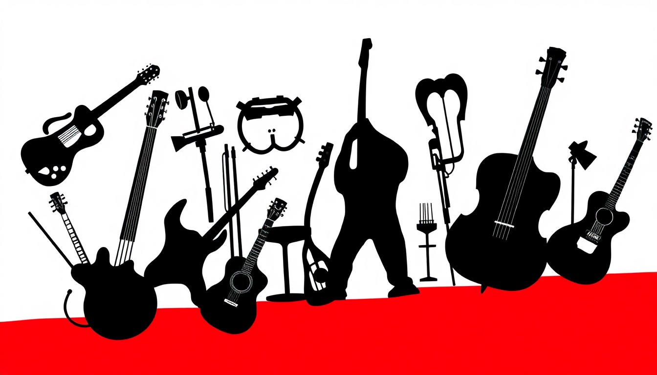 An abstract, minimalist illustration featuring sharp, angular black shapes representing musical instruments and symbols, set against a high-contrast red and white background, conceptually representing the discussion of made-up musical acts.