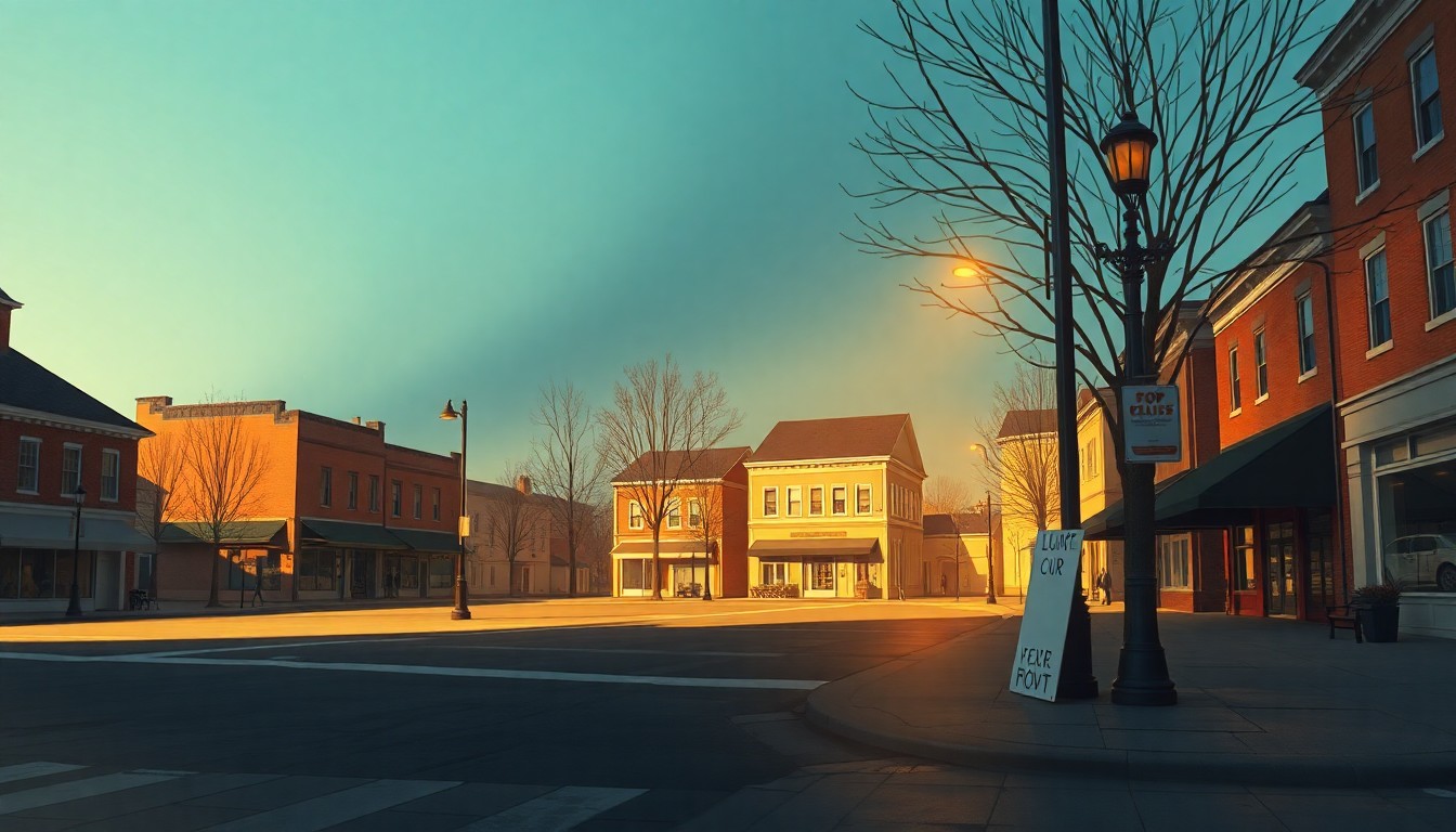 A serene, nostalgic painting of an empty town square with a lone protest sign leaning against a lamppost, capturing the quiet tension and unresolved issues surrounding the Quakertown demonstration.