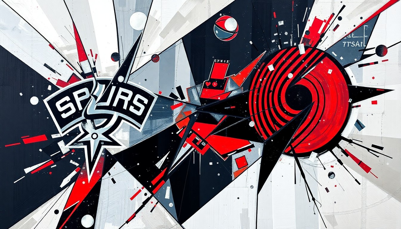 A fractured, multi-perspective painting in bold, geometric shapes and colors representing a basketball game between two teams, conveying the competitive spirit of the playoff matchup.