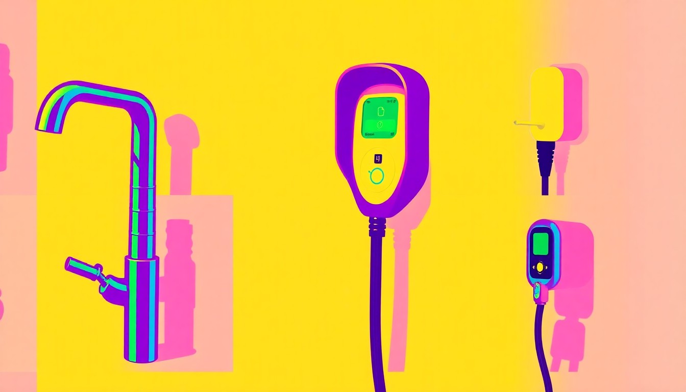 A vibrant, high-contrast silkscreen print composed of a repeating grid of a single smart home icon like a touch faucet or electric vehicle charging port, rendered in a bold, neon color palette to capture the modern, tech-forward lifestyle of the Twinleaf Townes community.