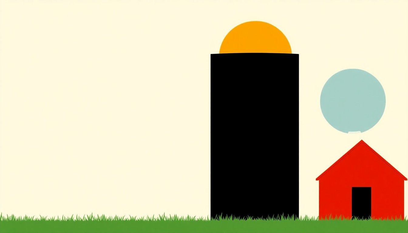 A geometric abstract illustration in primary colors of interlocking triangles and rectangles, conceptually representing the loss of government incentives for solar energy adoption by American farmers.