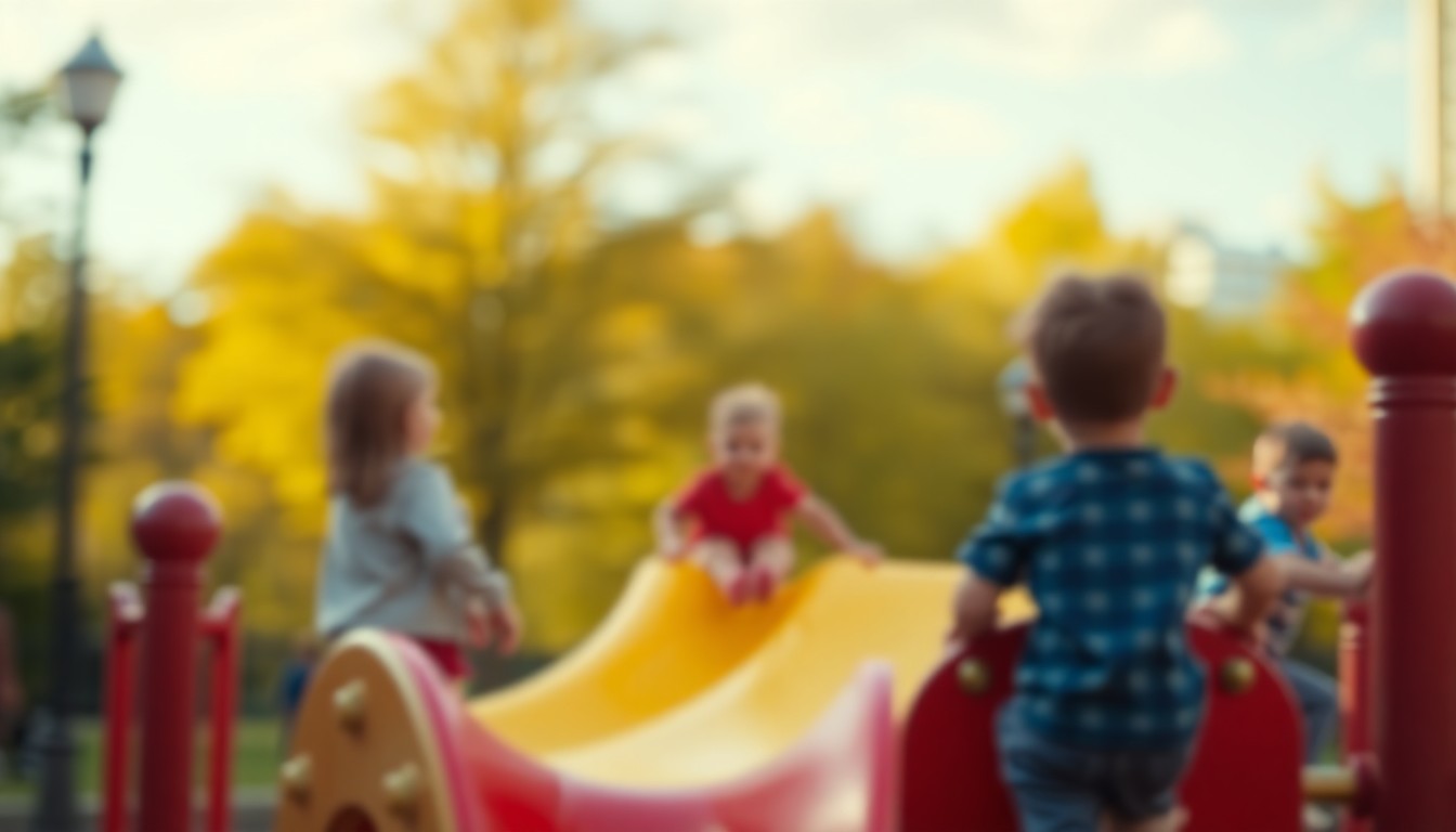 An abstract, impressionistic photograph showing the blurred outlines of children playing on a colorful playground, with the surrounding environment softened into a dreamlike wash of warm colors and gentle light.